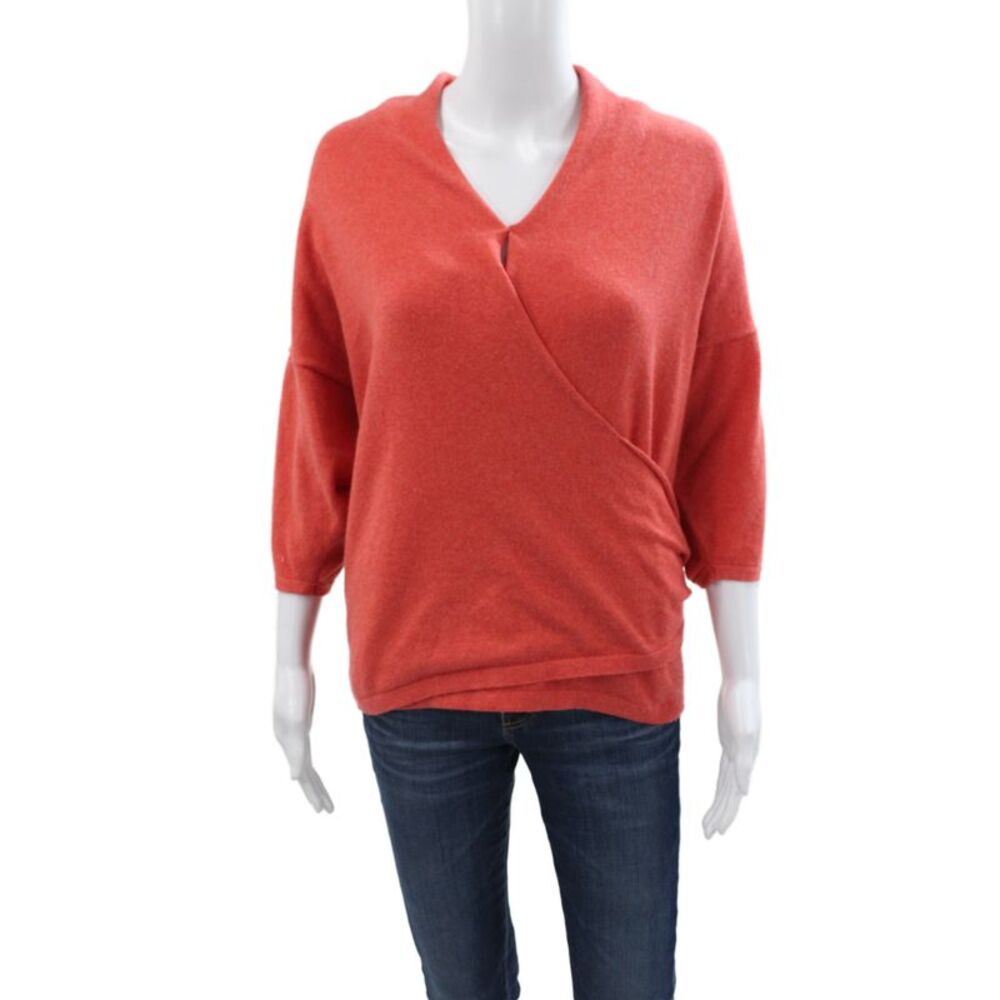 Brunello Cucinelli Womens Cashmere V-Neck Sweater Orange 3/4 Sleeve Size L